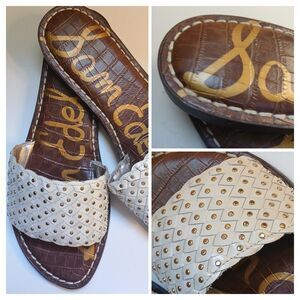 Sam Edelman Sandals Sz 8.5  Leather Woven Gold Studded Slip-on Slide Flats EUC
